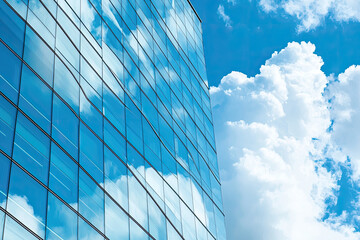 Wall Mural - A close up of skyscrapers glass facade reflecting clouds and blue sky