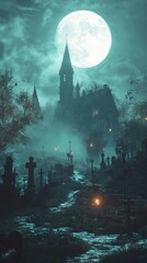 Haunting Halloween ghost under spooky moon bats night wallpaper