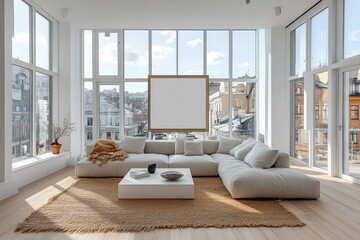 Wall Mural - Bright, modern living room with large windows and minimalist decor.