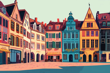 Colorful illustration of traditional market square with charming buildings