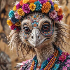 ostrich with colorful sugar skull face paint.with ostrich  festive Day of the Dead mask. Concept of celebration, Halloween, cultural tradition, pet costume, Dia de los Muertos makeup, celebration