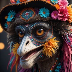 ostrich with colorful sugar skull face paint.with ostrich  festive Day of the Dead mask. Concept of celebration, Halloween, cultural tradition, pet costume, Dia de los Muertos makeup, celebration