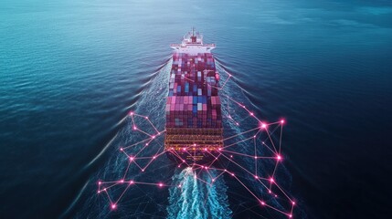 Wall Mural - Container ship at sea with digital network links, digital trade network connection concept, global shipping industry