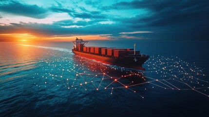 Wall Mural - Container ship at sea with digital network links, digital trade network connection concept, global shipping industry