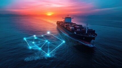 Wall Mural - Container ship at sea with digital network links, digital trade network connection concept, global shipping industry