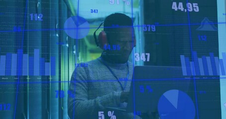 Poster - animation of diagrams and data processing over biracial male worker in server room