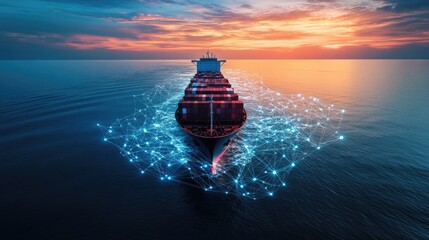 Wall Mural - Container ship at sea with digital network links, digital trade network connection concept, global shipping industry