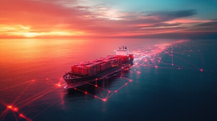 Wall Mural - Container ship at sea with digital network links, digital trade network connection concept, global shipping industry