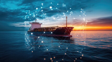 Wall Mural - Container ship at sea with digital network links, digital trade network connection concept, global shipping industry