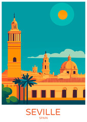 Wall Mural - Seville Spain Poster Illustration Travel Print Decor Gift Paper Canvas Wall Retro Art