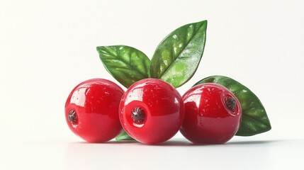 Wall Mural - Three Shiny Red Berries with Green Leaves