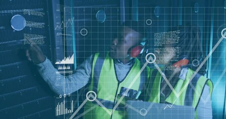 Poster - animation of diagrams and data processing over biracial workers in server room