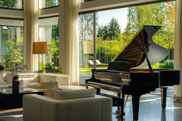 A lounge with grand piano and beautiful garden view creates serene atmosphere