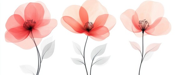 Wall Mural - Abstract Floral Art Featuring Pink and Red Flowers on a White Background. Minimalist Vector Illustration with Simple Lines and Shapes, Presented as a Triptych.