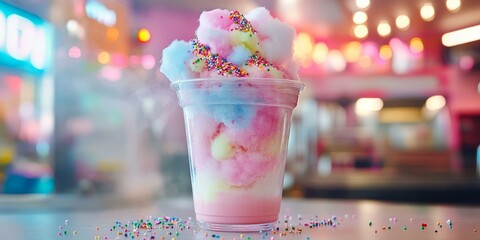 A colorful cotton candy drink in a plastic cup.