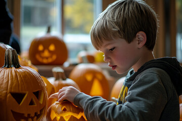 Wall Mural - Happy excited family carving Helloween pumpkins making creepy face holiday preparation, Generative AI