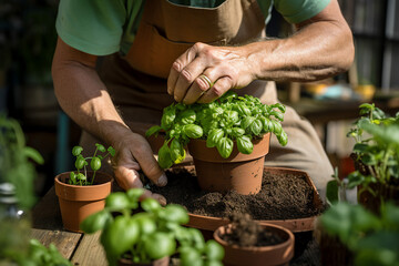 Wall Mural - AI generated photo of man florist planting flowers  in garden