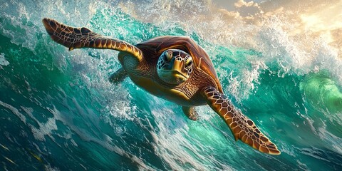 Wall Mural - Majestic Sea Turtle Swimming in Vibrant Turquoise Waters Ocean Scene