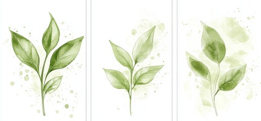 Wall Mural - Abstract Green Leaf Design on White Background, Featuring Simple Line Art with Soft Watercolor Splashes. Set of Three Posters with Minimalist and Elegant Floral Illustrations.