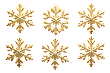 Set of gold christmas snowflakes on white background. 