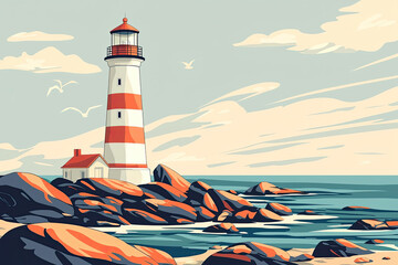 A lighthouse standing tall on rocky shores, surrounded by calm waters and serene sky