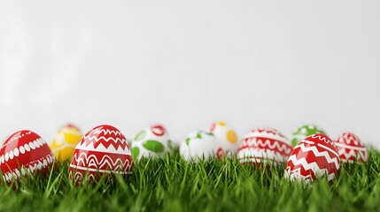 Colorful Easter eggs on green grass backdrop.