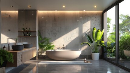 Modern Bathroom Interior Design with Bathtub Concrete Walls and Tropical Plants