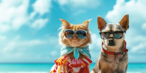 Wall Mural - Cat and dog sunglasses outdoors summer.