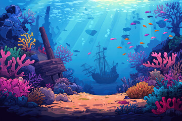 Wall Mural - Underwater scene with colorful corals, fish, and sunken ship