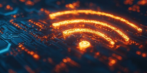 A glowing wifi symbol on a circuit board.