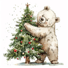 Canvas Print - A bear is hugging a Christmas tree. The bear is surrounded by many ornaments on the tree