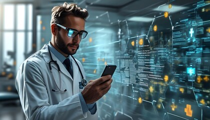 Wall Mural - Innovative Doctor Accessing Digital Health Records on Smartphone, Representing the Future of Technology in Medicine and Healthcare Advancements