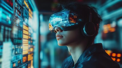 Futuristic AI-driven factories using holographic displays for real-time production monitoring: Factory workers using AR headsets and holograms to track production line efficiency.