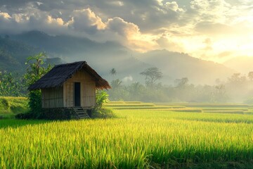 Poster - A small wooden cottage in the middle of beautiful rice fields in Indonesia, beautiful sunrise 