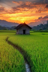 Wall Mural - A small wooden cottage in the middle of beautiful rice fields in Indonesia, beautiful sunrise 