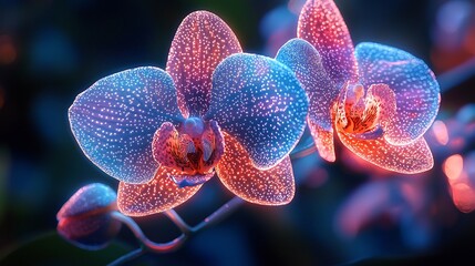 Wall Mural - Semiabstract orchid surrounded by flowing neon vines with its petals glowing in radiant purples and blues symbolizing elegance and beauty