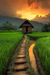 A small wooden cottage in the middle of beautiful rice fields in Indonesia, beautiful sunrise 