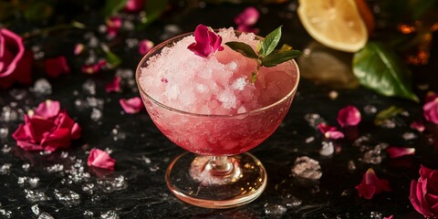 Wall Mural - Rose-infused cocktail with mint and ice.