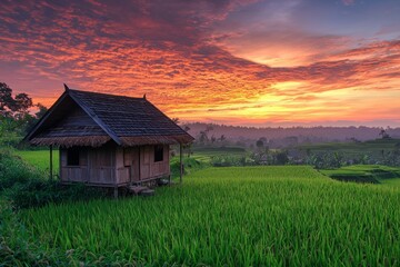 Wall Mural - A small wooden cottage in the middle of beautiful rice fields in Indonesia, beautiful sunrise 