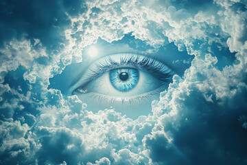 Wall Mural - A close up of blue eye in sky surrounded by clouds, evoking sense of wonder