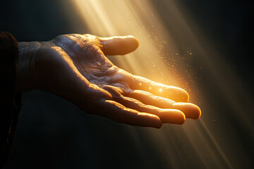 Wall Mural - A close up of hand reaching out, illuminated by golden light, evokes sense of hope and connection