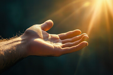 Wall Mural - A close up of hand reaching out, illuminated by warm sunlight, evokes hope