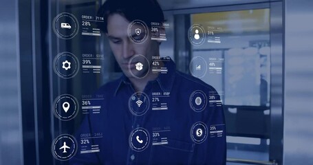 Poster - Animation of icons and data processing over caucasian man working in warehouse