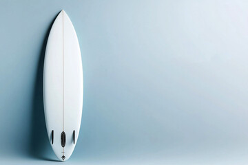 Sleek white surfboard standing against a minimalist backdrop, showcasing its elegant design and smooth finish.