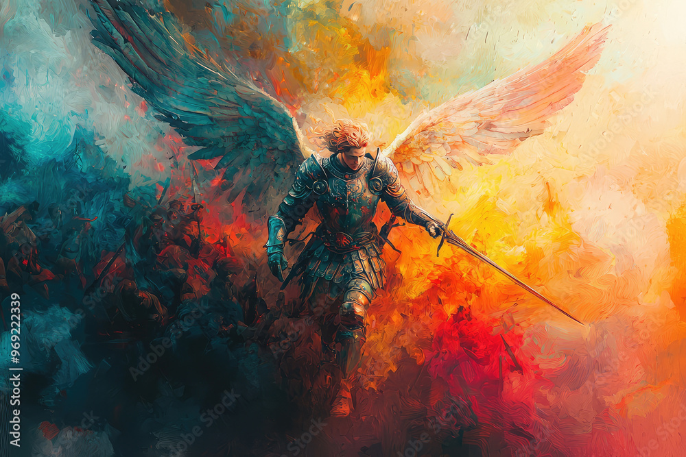 A vibrant depiction of Archangel Michael in battle, showcasing strength ...