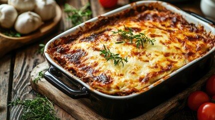 Lasagna dish in a baking pan on a wooden table. Perfect for illustrating food blogs, cookbooks, or restaurant menus.