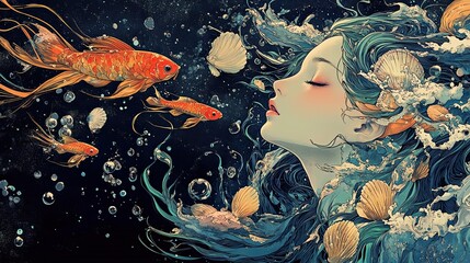 A vibrant Art Nouveau illustration of a water nymph adorned with colorful seaweed and seashells, swimming alongside playful fish.