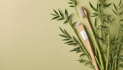 Wall Mural - Eco toothbrushes. Bamboo toothbrushes cup, natural soap, plastic free ear sticks, wooden hair brush and white towels on gray stone background