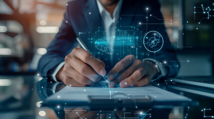 Poster - portrait of a businessman signing a virtual document or digital contract