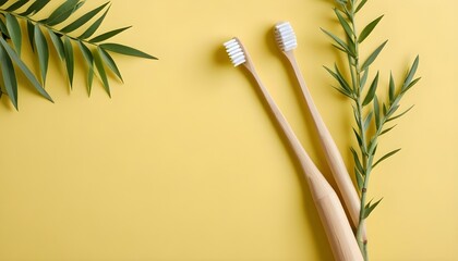 Wall Mural - Eco toothbrushes. Bamboo toothbrushes cup, natural soap, plastic free ear sticks, wooden hair brush and white towels on gray stone background